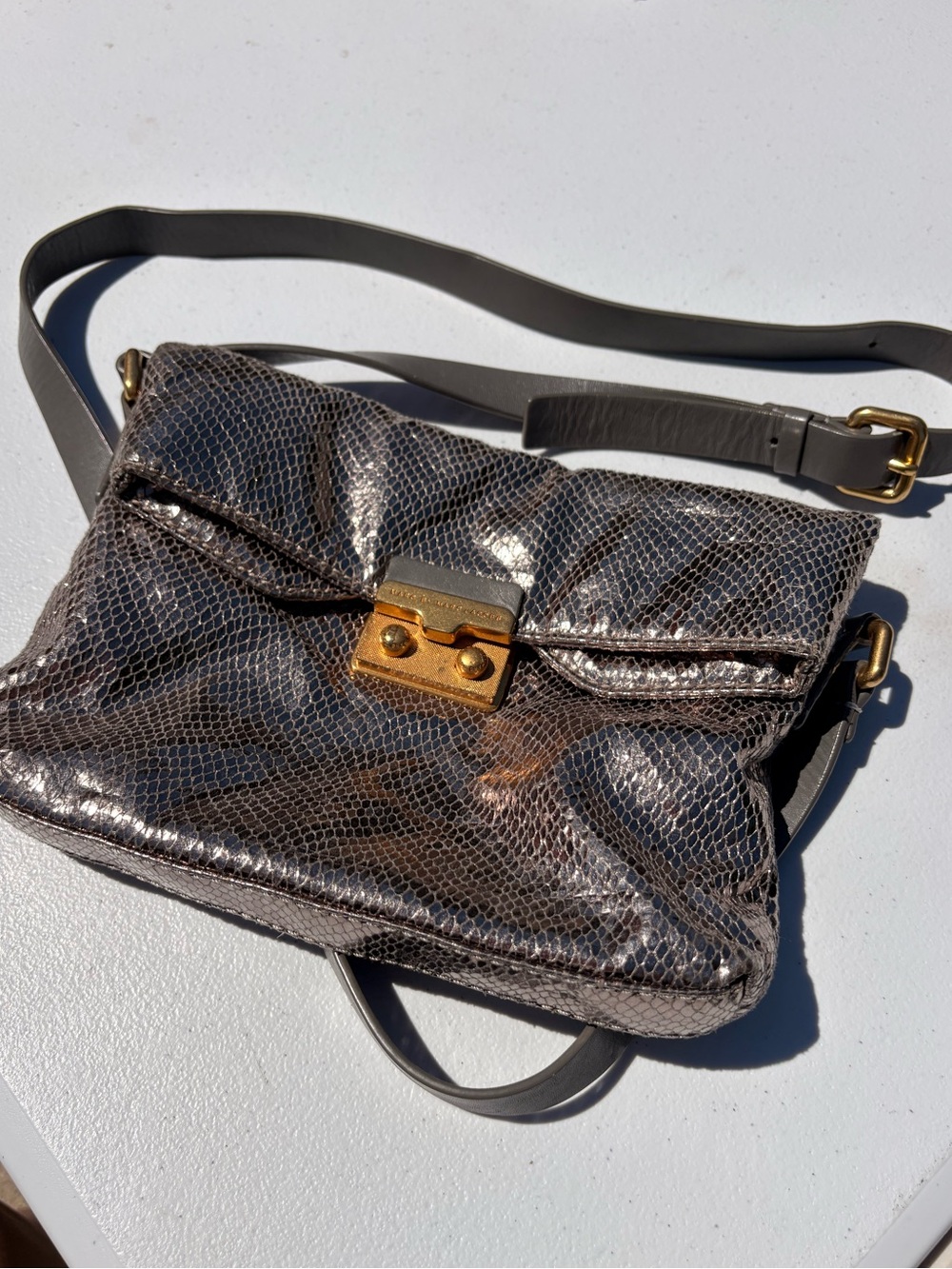 Marc Jacobs Metallic Gray Snake-Embossed Crossbody with Gold Hardware